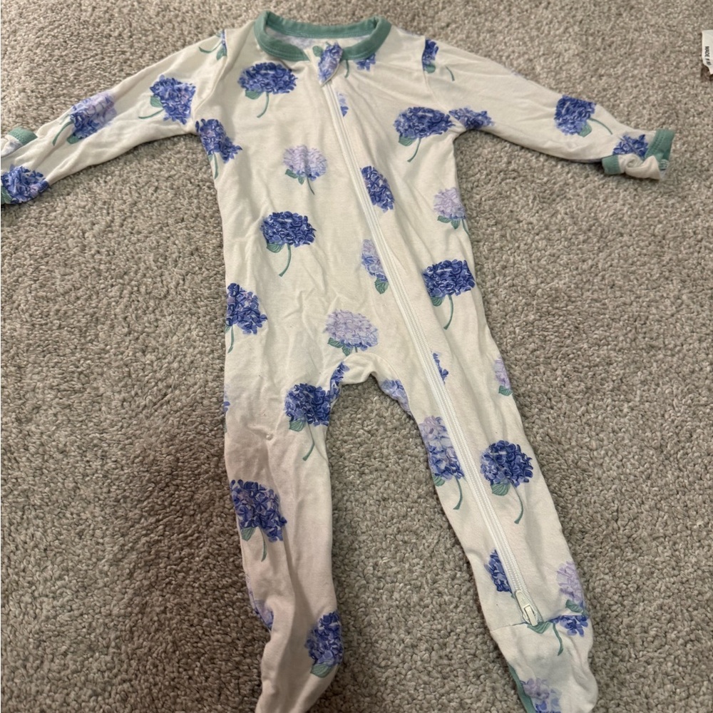 Kyte BABY Cream Footed One-Piece with Blue & Lavender Hydrangea Print